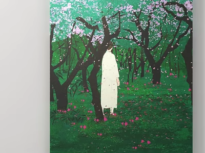 Person In White Robe Standing Among Pink Flower Trees In Green Forest 3d model