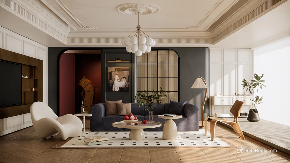 Cozy Modern Living Room Interior With Plush Sofa Coffee Table Chandelier And Area Rug 3d model 