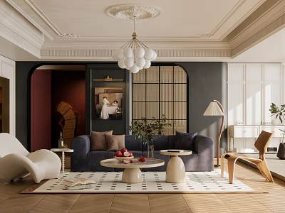 Cozy Modern Living Room Interior With Plush Sofa Coffee Table Chandelier And Area Rug 3d model