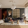 Cozy Modern Living Room Interior With Plush Sofa Coffee Table Chandelier And Area Rug