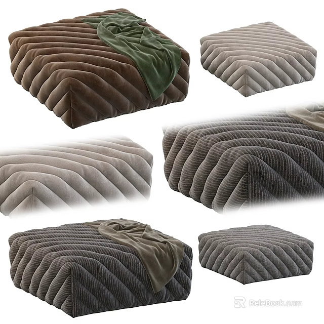 Modern Pleated Texture Sofa Stools in Brown Gray with Cozy Blankets 3d model 