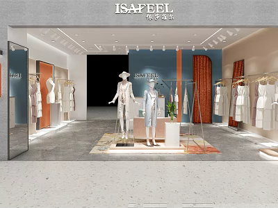 Modern Bright Clothing Store Interior With Mannequins And Clothes On Racks 3d model