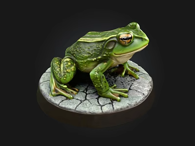 Detailed Green Frog Statue With Cracked Stone Base And Realistic Features 3d model