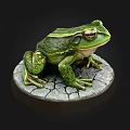 Detailed Green Frog Statue With Cracked Stone Base And Realistic Features