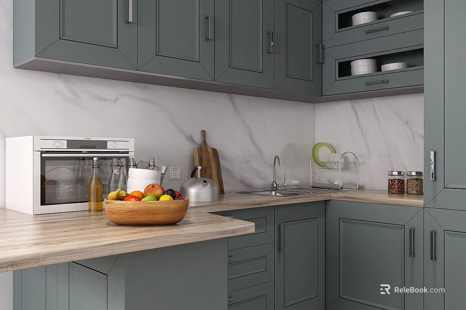 Modern Gray Kitchen Interior With Marble Wall Wooden Countertop And Appliances 3d model 