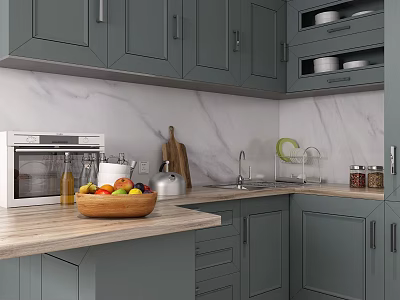 Modern Gray Kitchen Interior With Marble Wall Wooden Countertop And Appliances 3d model