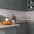 Modern Gray Kitchen Interior With Marble Wall Wooden Countertop And Appliances