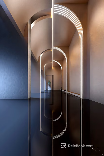 Modern Office Hallway With Arched Design Reflective Flooring And Sleek Lighting 3d model
