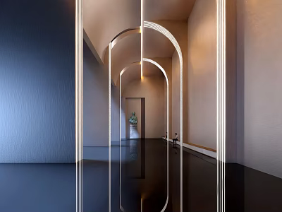 Modern Office Hallway With Arched Design Reflective Flooring And Sleek Lighting 3d model