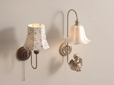 Two Decorative Wall Lamps With Floral And White Lampshades Brown Silver Bases And Angel Decoration 3d model
