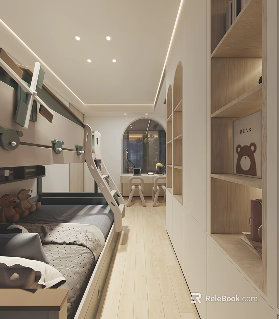 Cozy Children's Room Interior With Bunk Bed Wooden Shelves Desk And Windmill Decor 3d model 