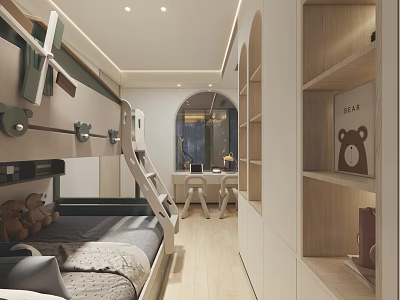 Cozy Children's Room Interior With Bunk Bed Wooden Shelves Desk And Windmill Decor 3d model