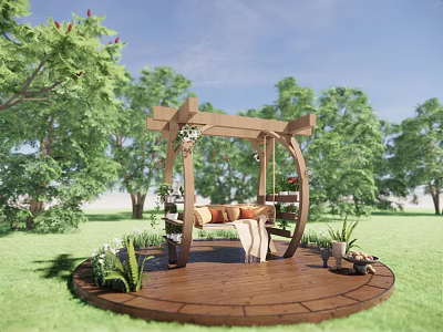 Outdoor Play Equipment Wooden Pergola Swing With Comfortable Seats Surrounded By Green Plants On Lawn 3d model