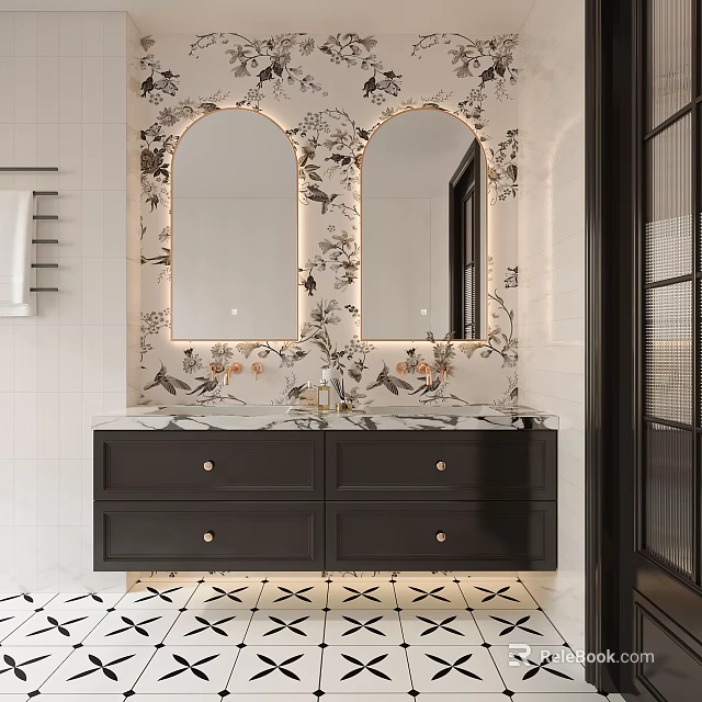 Elegant Bathroom Vanity With Double Mirrors Decorative Wall Marble Countertop And Black Drawer Cabinet 3d model 