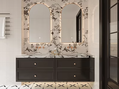 Elegant Bathroom Vanity With Double Mirrors Decorative Wall Marble Countertop And Black Drawer Cabinet 3d model