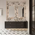 Elegant Bathroom Vanity With Double Mirrors Decorative Wall Marble Countertop And Black Drawer Cabinet