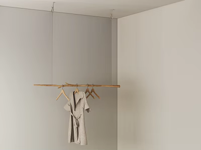 Wooden Hanger Ceiling Hung With Gray Robe and Empty Hangers Against Light Gray Walls 3d model