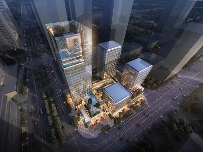 Modern High Rise Office Complex With Glass Facades And Central Green Plaza 3d model