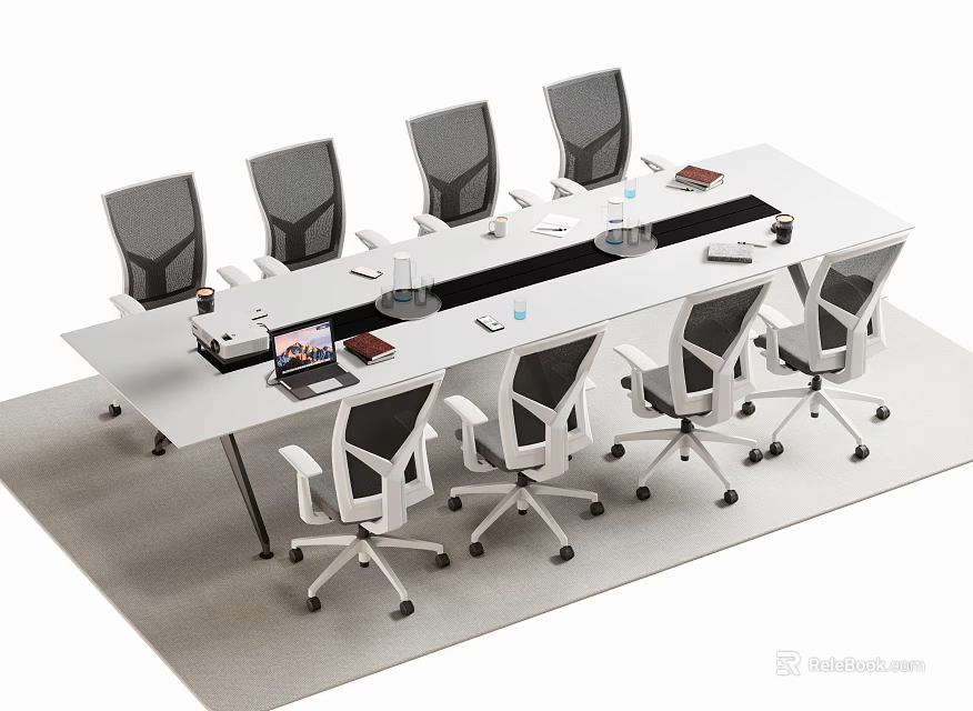 Modern Conference Table With Ergonomic Rolling Chairs Notebooks Mugs And Office Setup 3d model