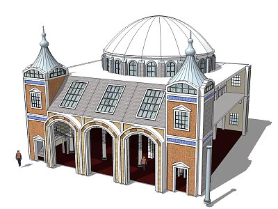 Classic European Architecture with Dome Spire Towers Red Brick Walls and Arched Doorways 3d model