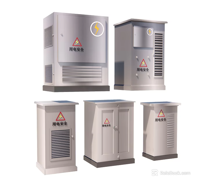 Industrial Electrical Distribution Equipment Metal Boxes With Safety Warning Signs And Various Sizes 3d model 