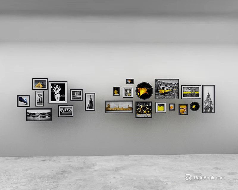 Decorative Wall Decor With Black And Yellow Framed Landscape Paintings In Irregular Arrangement 3d model 