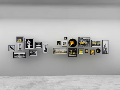 Decorative Wall Decor With Black And Yellow Framed Landscape Paintings In Irregular Arrangement 3d model