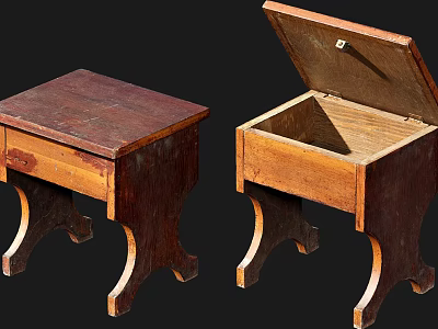 Vintage Wooden Stools With Drawer And Open Lid Revealing Storage Compartment 3d model