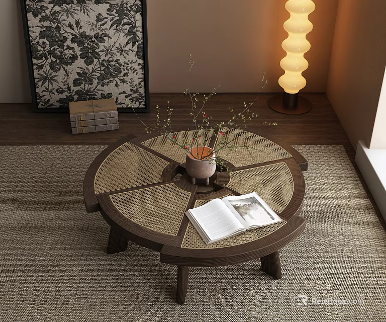 Modern Wooden Rattan Coffee Table With Open Book And Small Plant In Ceramic Pot 3d model 