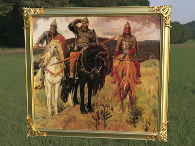 Oil Painting With Golden Frame Depicting Three Knights On Horses In Grassland Background 3d model