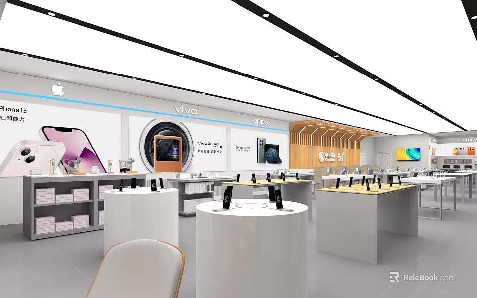 Modern Digital Store Interior With Apple Vivo OPPO Mobile Phones On Display Counters 3d model 