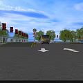 Industrial Factory White Building With Red Accents Green Trees Silos Yellow Trucks And Blue Fence