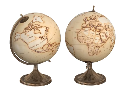 Two Globe Decorative Ornament Set In Vintage Style With Metal Base And World Map 3d model