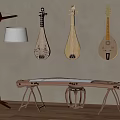 Traditional Chinese Musical Instruments Hanging On Wall With Guzheng And Floor Lamp