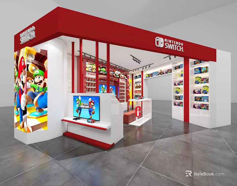 Nintendo Switch Retail Store With Red Booth Mario Characters TV Screens And Game Products 3d model 