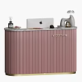 Modern Pink Reception Desk With Gold Accents White Stool And Computer Monitor