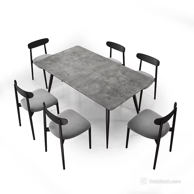 Modern Dining Table Set With Six Black Frame Gray Cushioned Chairs And Gray Tabletop 3d model