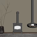 Modern Interior With Cast Iron Stove Hanging Fireplace Decorative Branch And Illuminated Wall