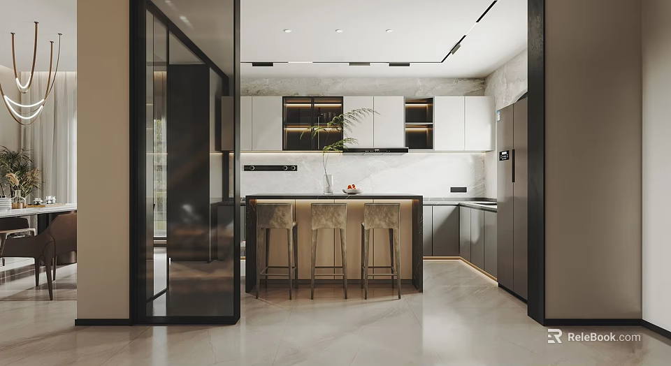 Modern Kitchen Interior With Island Counter Bar Stools And White Cabinets 3d model