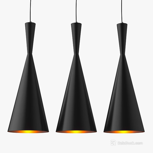 Modern Black Conical Pendant Lights With Warm Yellow Glow In Row 3d model 