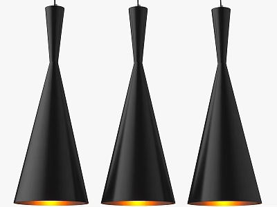 Modern Black Conical Pendant Lights With Warm Yellow Glow In Row 3d model