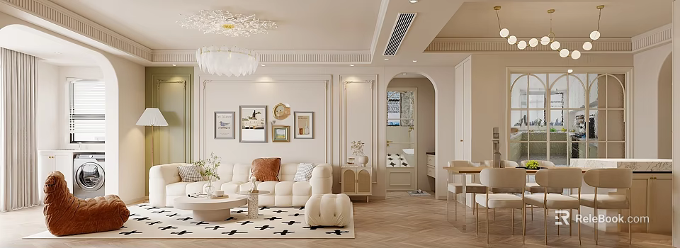 Elegant Living And Dining Room Interior Design With Beige Sofa Chandelier Dining Table Herringbone Floor 3d model 