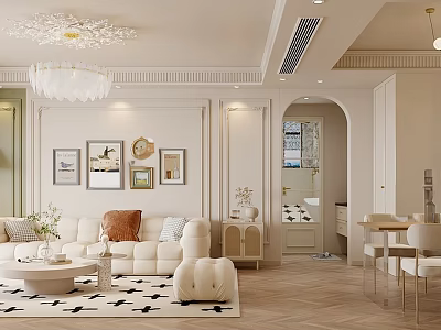 Elegant Living And Dining Room Interior Design With Beige Sofa Chandelier Dining Table Herringbone Floor 3d model