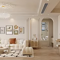 Elegant Living And Dining Room Interior Design With Beige Sofa Chandelier Dining Table Herringbone Floor