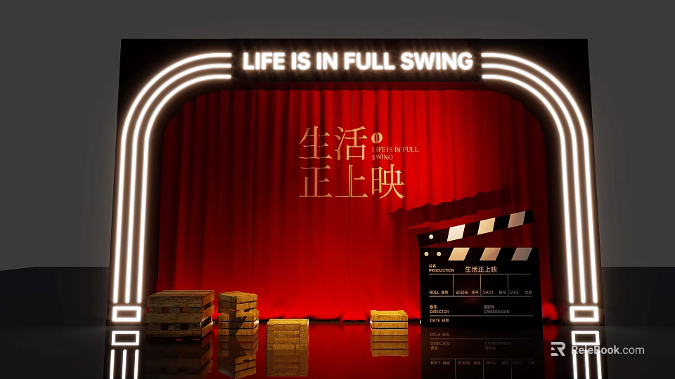 Vibrant Photo Check-in Spot With Neon Sign Red Curtain Movie Clapperboard And Wooden Crates 3d model 