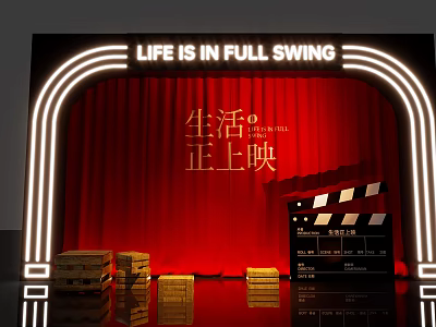 Vibrant Photo Check-in Spot With Neon Sign Red Curtain Movie Clapperboard And Wooden Crates 3d model