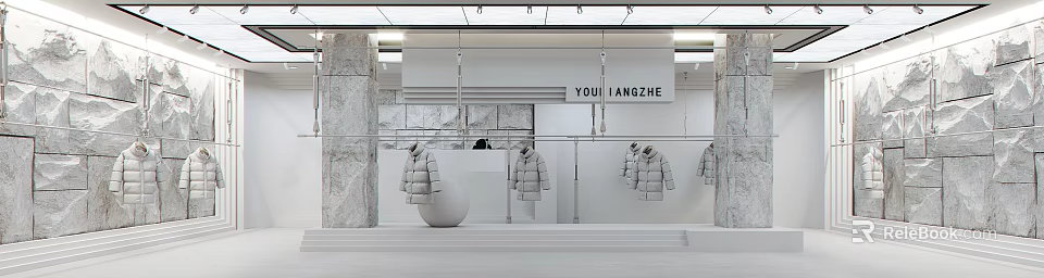 Fashion Clothing Store Interior With Marble Wall Hanging Puffer Jackets White Display And Lighting 3d model 