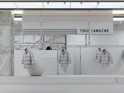 Fashion Clothing Store Interior With Marble Wall Hanging Puffer Jackets White Display And Lighting 3d model