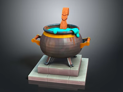 Stylish Dark Cauldron With Orange Handles Blue Liquid And Wooden Spoon On Stone Base 3d model