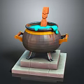 Stylish Dark Cauldron With Orange Handles Blue Liquid And Wooden Spoon On Stone Base
